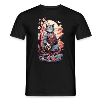 Cat with Shamisen Vintage Japan Yokai Art - Men's T-Shirt - black - Front - AI Model Male 178 light (178cm)