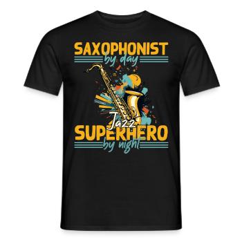 Conception de super-héros de saxophone amusant pour la musique jazz - T-shirt homme - noir - Devant - AI Model Male 178 light (178cm)