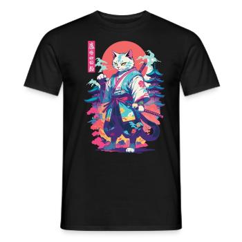 Samurai Katze Vaporwave Aesthetic Japan Kunst - Männer T-Shirt - Schwarz - Vorne - AI Model Male 178 light (178cm)