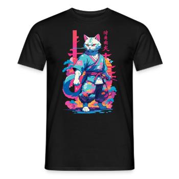 Chat samouraï Vaporwave Esthétique Japon Art - T-shirt homme - noir - Devant - AI Model Male 178 light (178cm)
