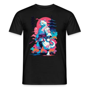 Samurai Katze Vaporwave Aesthetic Japan Kunst - Männer T-Shirt - Schwarz - Vorne - AI Model Male 178 light (178cm)