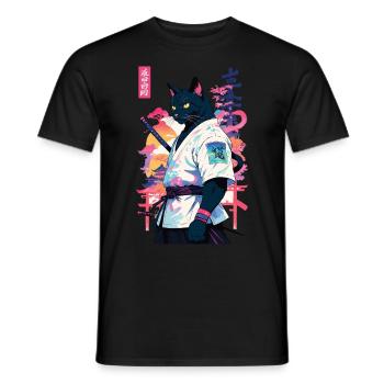 Samurai Cat Vaporwave Aesthetic Japan Art - Men's T-Shirt - black - Front - AI Model Male 178 light (178cm)