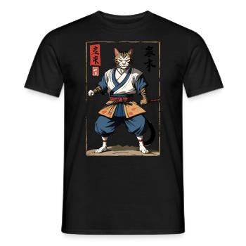 Samurai Katze Vintage Ukiyo-E Japanischer Samurai - Männer T-Shirt - Schwarz - Vorne - AI Model Male 178 light (178cm)