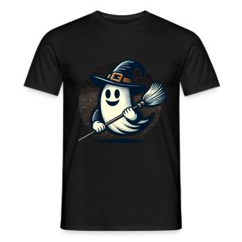 funny Halloween witch ghost with witch broom - Men's T-Shirt - black - Front - AI Model Male 178 light (178cm)
