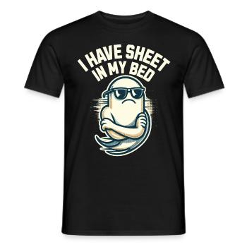 Funny ghost saying i have sheet in my bed - Men's T-Shirt - black - Front - AI Model Male 178 light (178cm)