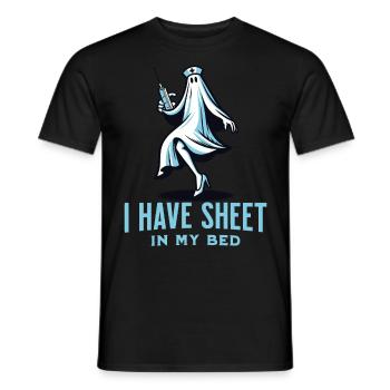 Funny ghost saying i have sheet in my bed - Men's T-Shirt - black - Front - AI Model Male 178 light (178cm)