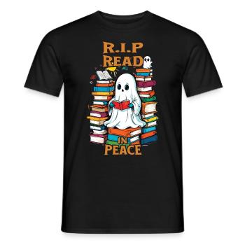 Cute book lover ghost reading in peace - Men's T-Shirt - black - Front - AI Model Male 178 light (178cm)
