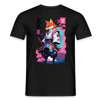 Kitsune Samurai Fuchs Aesthetic Vaporwave Stil - Männer T-Shirt - Schwarz - Vorne - AI Model Male 178 light (178cm)