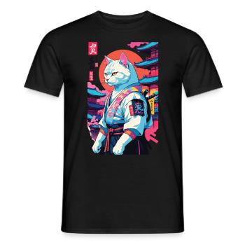 Samurai Katze Vaporwave Aesthetic Japan Kunst - Männer T-Shirt - Schwarz - Vorne - AI Model Male 178 light (178cm)