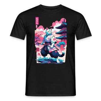 Samurai Katze Vaporwave Aesthetic Japan Kunst - Männer T-Shirt - Schwarz - Vorne - AI Model Male 178 light (178cm)
