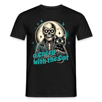 Halloween Skeleton With Cat: A Creep With The Cat - Men's T-Shirt - black - Front - AI Model Male 178 light (178cm)