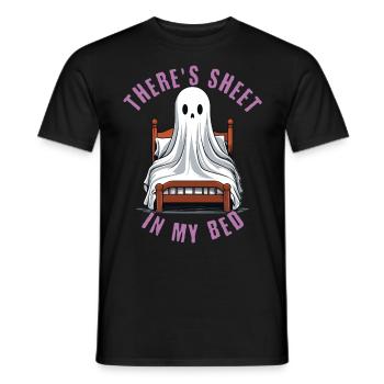 Funny Halloween Saying: There's Sheet In My Bed - Men's T-Shirt - black - Front - AI Model Male 178 light (178cm)