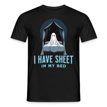 Funny Halloween Saying: There's Sheet In My Bed - Men's T-Shirt - black - Front - AI Model Male 178 light (178cm)