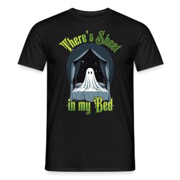 Funny Halloween Saying: There's Sheet In My Bed - Men's T-Shirt - black - Front - AI Model Male 178 light (178cm)