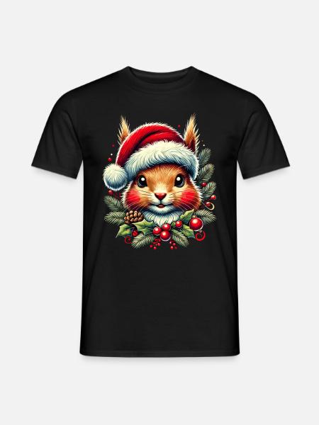 Weihnachtliches Eichhörnchen Mit Weihnachtsmütze - Männer T-Shirt - Schwarz