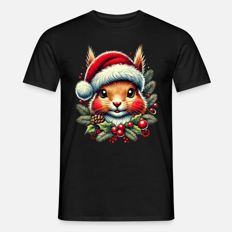 Weihnachtliches Eichhörnchen Mit Weihnachtsmütze - Männer T-Shirt - Schwarz