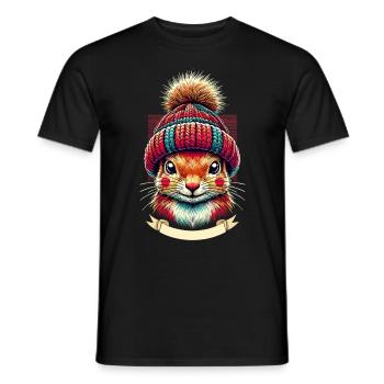 Cheerful squirrel with winter hat - Men's T-Shirt - black - Front - AI Model Male 178 light (178cm)