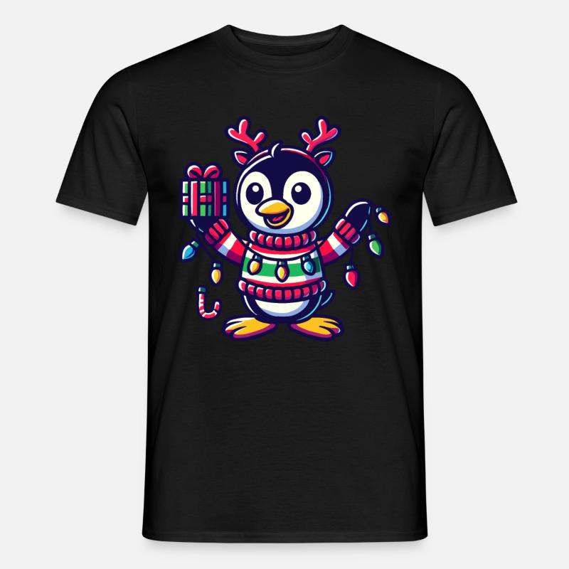 Fröhlicher Pinguin Mit Weihnachtslichtern - Männer T-Shirt - Schwarz