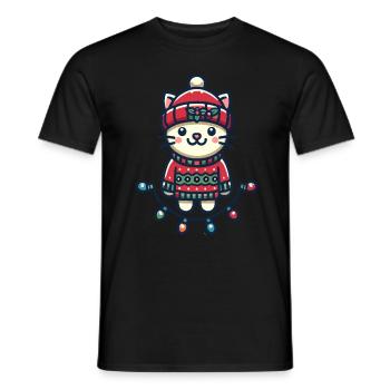 Cute Christmas cat with fairy lights - Men's T-Shirt - black - Front - AI Model Male 178 light (178cm)