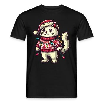 Weihnachtliche Katze Im Pullover Mit Lichterkette - Männer T-Shirt - Schwarz - Vorne - AI Model Male 178 light (178cm)
