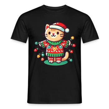 Christmas cat with fairy lights - Men's T-Shirt - black - Front - AI Model Male 178 light (178cm)