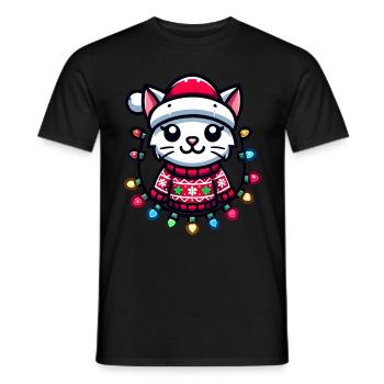 Christmas cat with fairy lights - Men's T-Shirt - black - Front - AI Model Male 178 light (178cm)