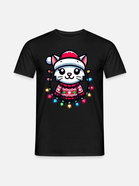 Weihnachtliche Katze Mit Lichterkette - Männer T-Shirt - Schwarz