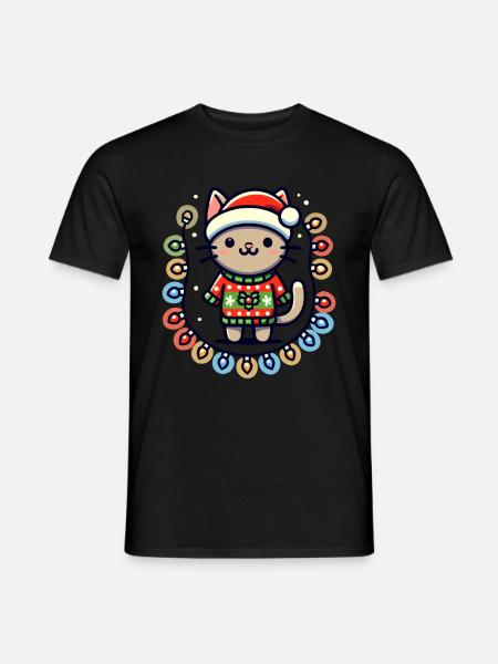 Christmas cat with fairy lights - Men's T-Shirt - black