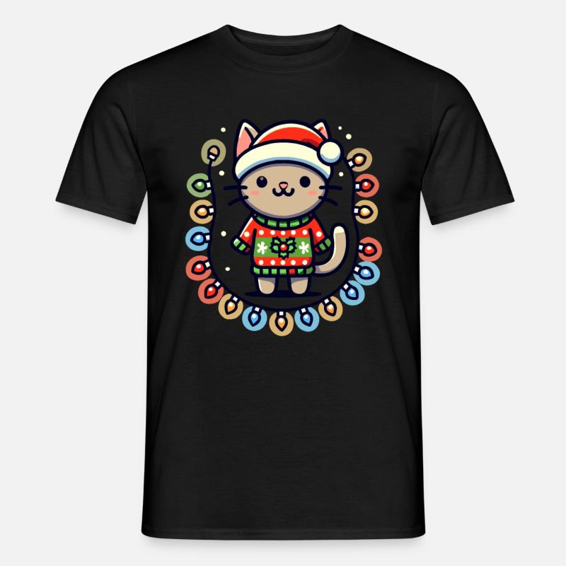Weihnachtliche Katze Mit Lichterkette - Männer T-Shirt - Schwarz