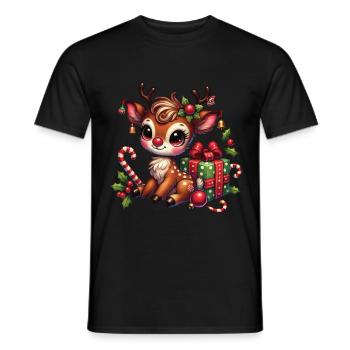 Christmas reindeer with gift - Men's T-Shirt - black - Front - AI Model Male 178 light (178cm)