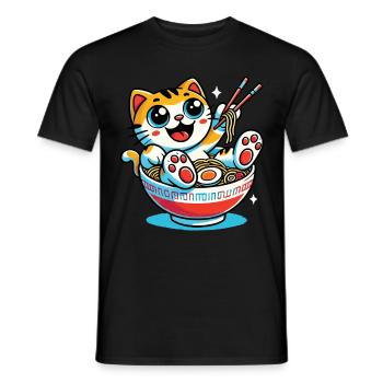 Chat kawaii avec bol de nouilles ramen style anime - T-shirt homme - noir - Devant - AI Model Male 178 light (178cm)