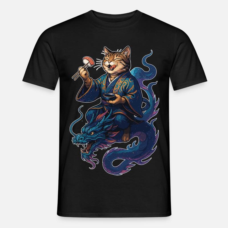 Sushi Katze getigert Kimono Drache Geschenk - Männer T-Shirt - Schwarz