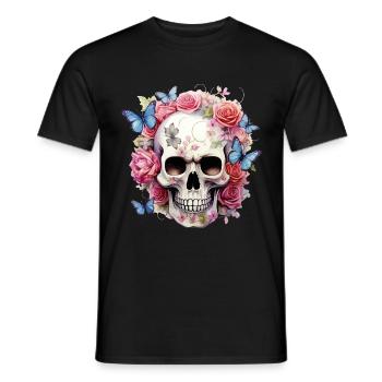 Skull Skull Roses Flowers Butterflies - Men's T-Shirt - black - Front - AI Model Male 178 light (178cm)
