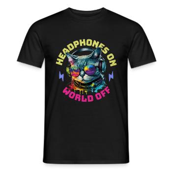 Katze Kopfhörer Musik Headphones On World Off - Männer T-Shirt - Schwarz - Vorne - AI Model Male 178 light (178cm)