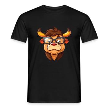 Bull Wearing Glasses Cartoon Kawaii Illustration - Men's T-Shirt - black - Front - AI Model Male 178 light (178cm)