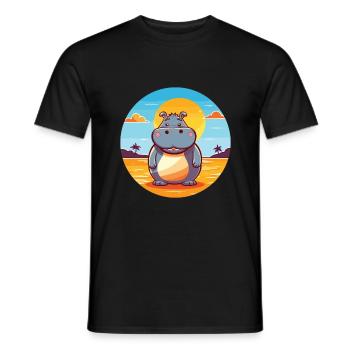 Hippo Funny Cartoon Kawaii Beach Illustration - Men's T-Shirt - black - Front - AI Model Male 178 light (178cm)