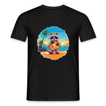 Raccoon Funny Cartoon Kawaii Beach Illustration - Men's T-Shirt - black - Front - AI Model Male 178 light (178cm)