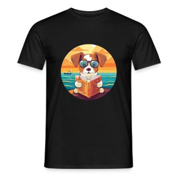 Chien Mignon Drôle Dessin Animé Kawaii Livre Plage - T-shirt homme - noir - Devant - AI Model Male 178 light (178cm)