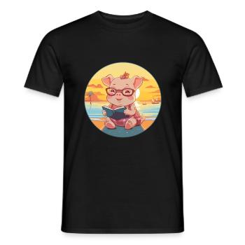 Cochon Mignon Drôle Dessin Animé Kawaii Livre Plage - T-shirt homme - noir - Devant - AI Model Male 178 light (178cm)