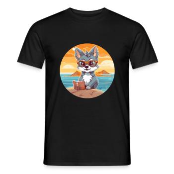 Wolf Cute Funny Cartoon Kawaii Book Beach - Men's T-Shirt - black - Front - AI Model Male 178 light (178cm)