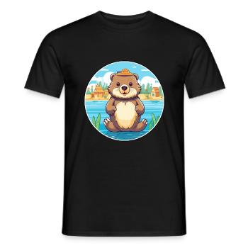Beaver Watercolor Cartoon Kawaii Clipart Animal - Men's T-Shirt - black - Front - AI Model Male 178 light (178cm)