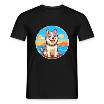 Husky chien race dessin animé Kawaii Clipart aquarelle - T-shirt homme - noir - Devant - AI Model Male 178 light (178cm)