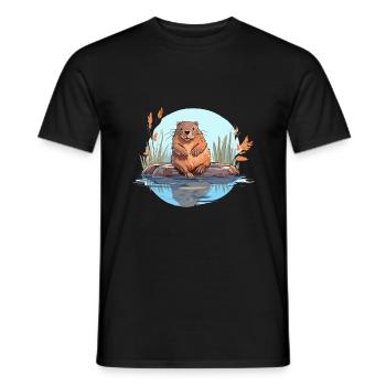 Beaver Colorful Watercolor Cartoon Kawaii Animal - Men's T-Shirt - black - Front - AI Model Male 178 light (178cm)