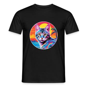 European Shorthair Cat Watercolor Cartoon Kawaii - Men's T-Shirt - black - Front - AI Model Male 178 light (178cm)