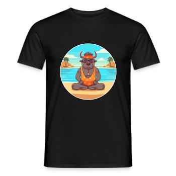 Bison Cartoon Yoga plage Illustration d’été - T-shirt homme - noir - Devant - AI Model Male 178 light (178cm)
