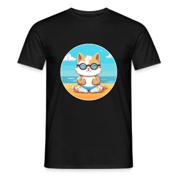 Kitten Cartoon Yoga Beach Summer Illustration - Men's T-Shirt - black - Front - AI Model Male 178 light (178cm)