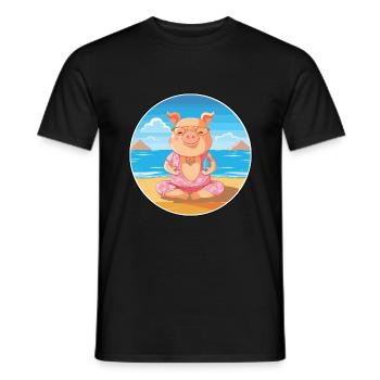 Cochon Dessin Animé Yoga Plage Été Illustration - T-shirt homme - noir - Devant - AI Model Male 178 light (178cm)