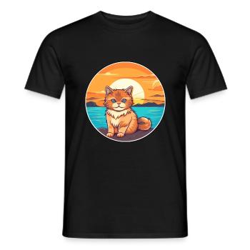 Chat Drôle De Dessin Animé Kawaii Plage Illustration - T-shirt homme - noir - Devant - AI Model Male 178 light (178cm)