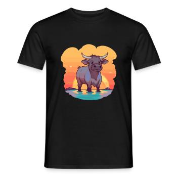 Bull Funny Cartoon Kawaii Beach Illustration - Men's T-Shirt - black - Front - AI Model Male 178 light (178cm)