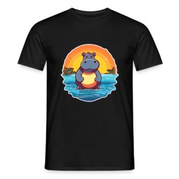 Hippo Funny Cartoon Kawaii Beach Illustration - Men's T-Shirt - black - Front - AI Model Male 178 light (178cm)